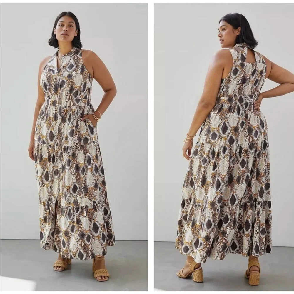 Anthropologie 18W Snake Print Tiered Button Front Maxi Dress 2X - Picture 11 of 13